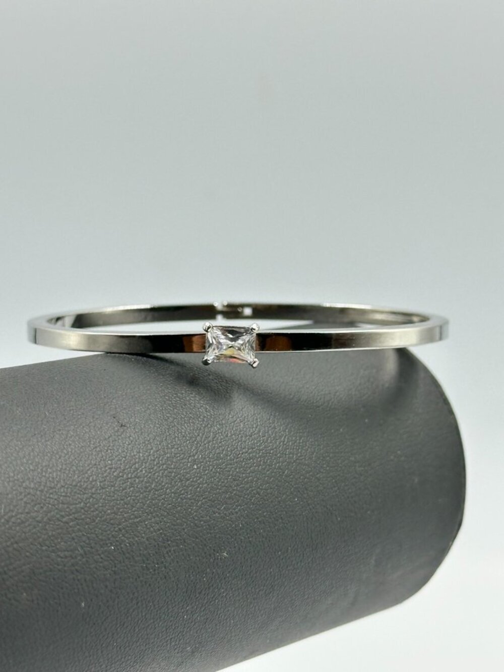 3/$30 Silver Tone Bangle Bracelet Princess Cut CZ Minimalist Hinged 7 Inch